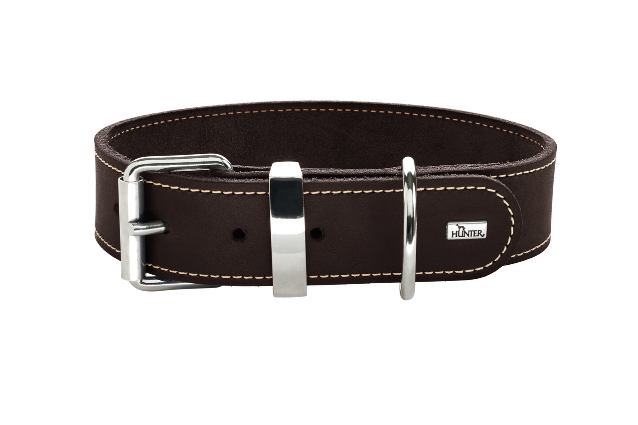 HUNTER Halsband Aalborg, braunes Leder, silberne Metallelemente, robust, Ziernähte, für Hunde, Komfort & Stil, EAN: 4016739672575.