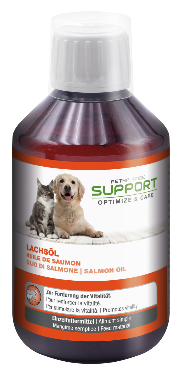 PetBalance Lachsöl für Hunde & Katzen, fördert Vitalität, „Optimize & Care“, 500 ml, mit Hund & Katze auf Etikett.