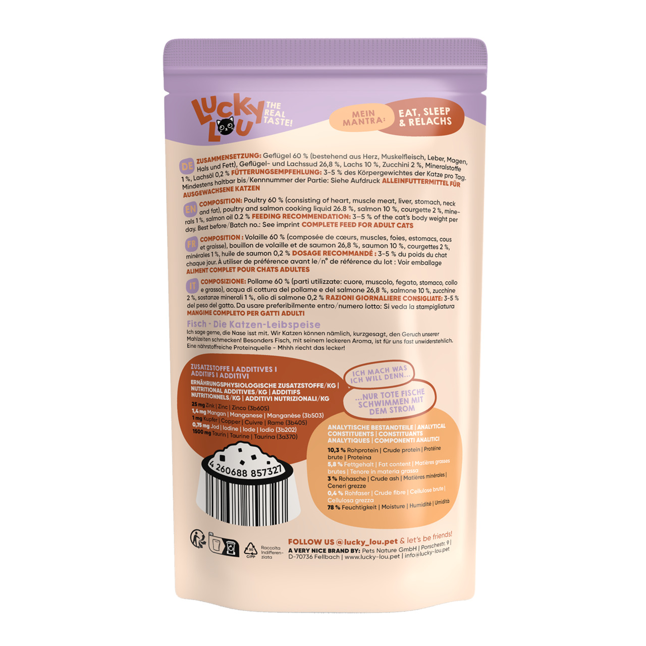 Lucky Lou – The Real Taste, Katzenfutter für ausgewachsene Katzen, Geflügel (60 %) & Lachs (10 %), ausgewogene Ernährung, 400 g.