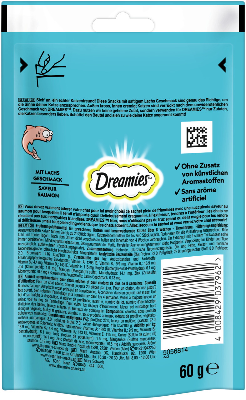 Dreamies mit schmackhaftem Lachs Katzen Snack 60 g