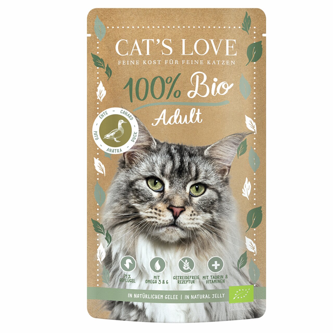 Cat's Love 100% Bio Adult, Ente, für ausgewachsene Katzen, getreidefrei, mit Taurin & Vitaminen, in Gelee, 85 g.