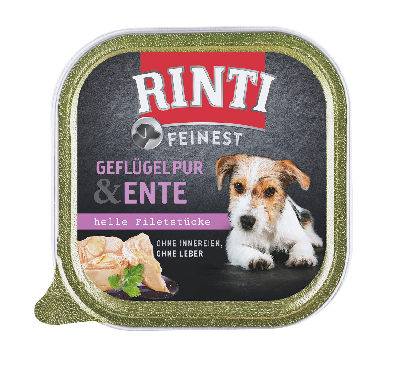 RINTI Feinest Geflügel Pur & Ente Nassfutter, 150g, für ausgewachsene Hunde. Helle Filetstücke, ohne Innereien/Leber. Geschmack: Ente.