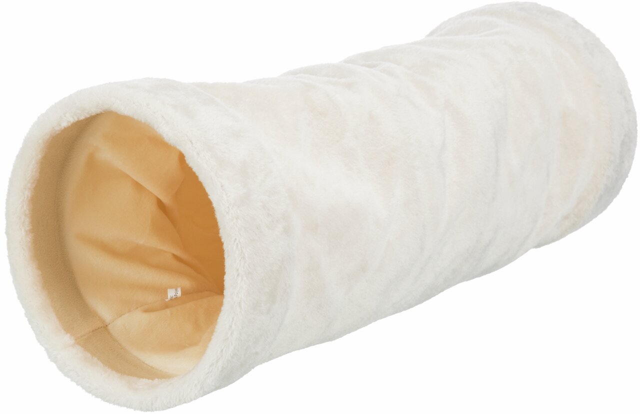Weißer Plüsch-Spieltunnel von TRIXIE für Katzen, ideal zum Spielen und Verstecken, weiches Material, ca. 25 cm Durchmesser.