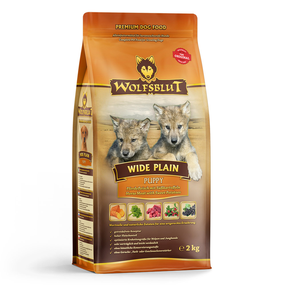 WOLFSBLUT Wide Plain Puppy, Trockenfutter für Welpen, Pferdefleisch & Süßkartoffeln, getreidefrei, hoher Fleischanteil, 2 kg.