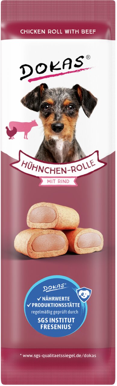 DOKAS Hähnchen-Rolle mit Rind, Hundesnack, 70 g. Regelmäßig geprüft durch SGS INSTITUT FRESENIUS. Ideal als Belohnung.