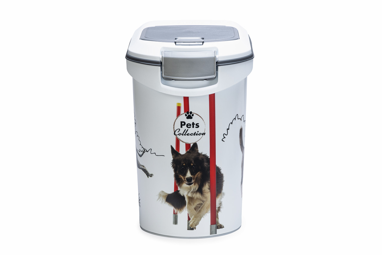 Curver Futterbehälter, 10L, für Hunde, weiß, Hundemotiv, luftdicht, ideal für Trockenfutter, Klappdeckel mit Dichtung für Frische.