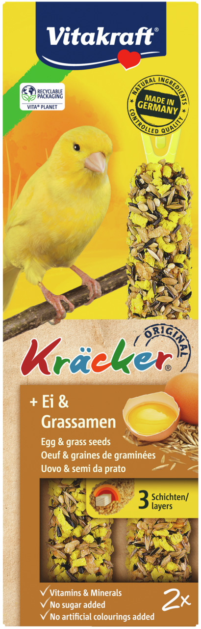 Vitakraft Kräcker Original Ei & Grassamen für Kanarienvögel, 2 Stangen, natürliche Zutaten, ohne Zuckerzusatz, ohne künstl. Farbstoffe.