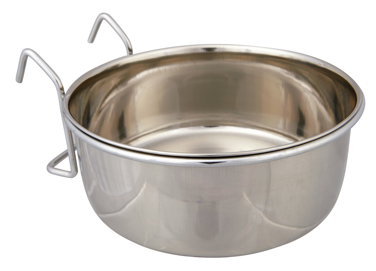 Edelstahl-Napf von TRIXIE mit Halterung, geeignet für Hunde und Katzen. Der robuste Napf ist ideal für Futter oder Wasser und lässt sich sicher an Käfigen oder Gitterstäben befestigen. Fassungsvermögen und Größe sind auf dem Bild nicht erkennbar. Pflegele