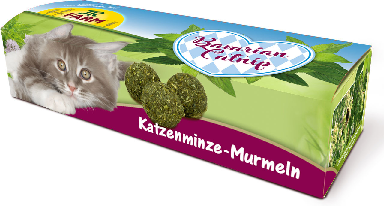 Das Bild zeigt eine Verpackung des Produkts "JR FARM Katzenminze-Murmeln" der Marke JR FARM. Es handelt sich um ein Katzenspielzeug, das speziell für Katzen entwickelt wurde. Die Verpackung ist grün und blau gestaltet, mit einem Bild einer grauen Katze un