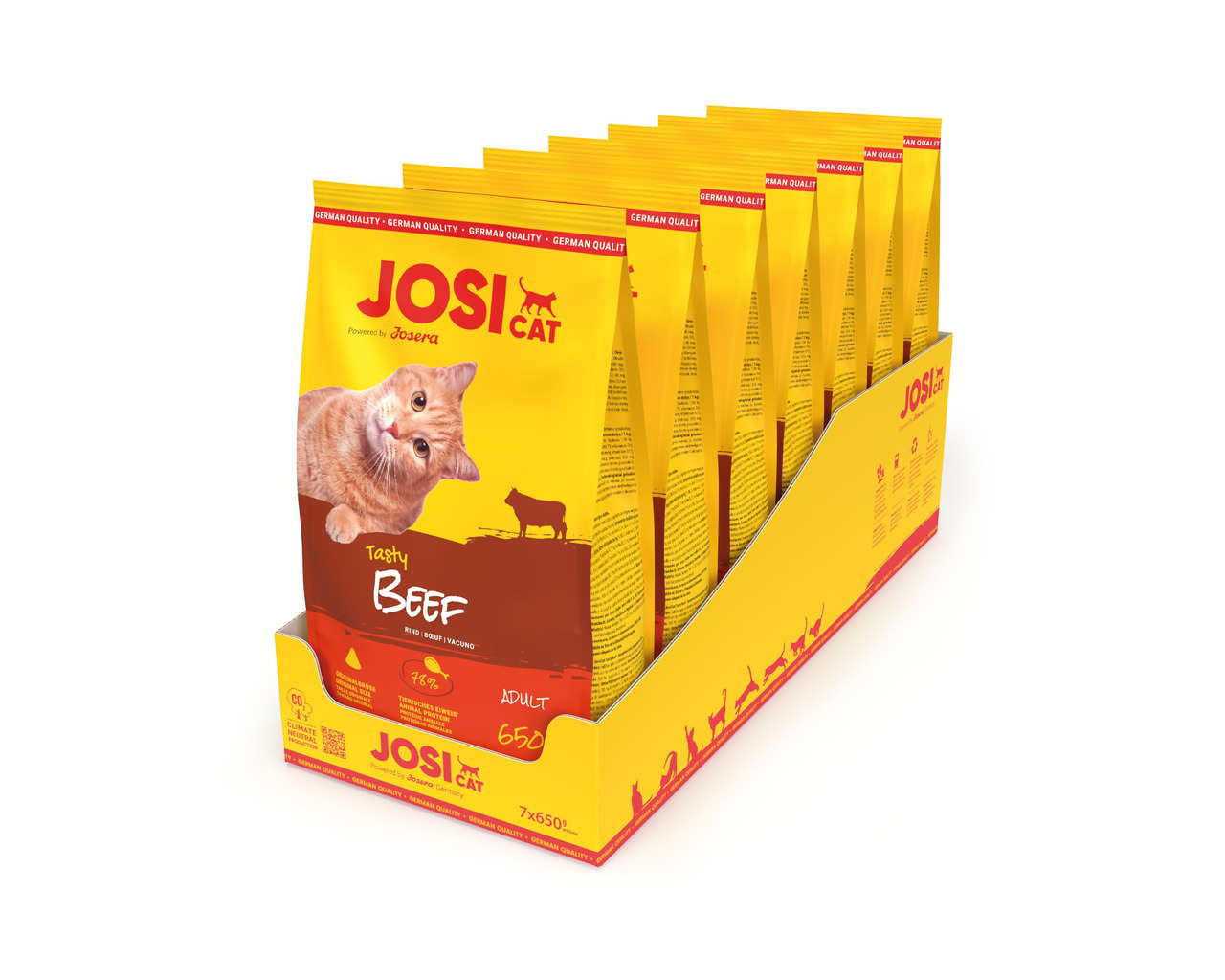 Josera JosiCat Tasty Beef, Adult Katzenfutter, Rind, 7 x 650 g, gelbe Verpackung mit rotem Schriftzug, Katzenmotiv & Rind-Symbol.