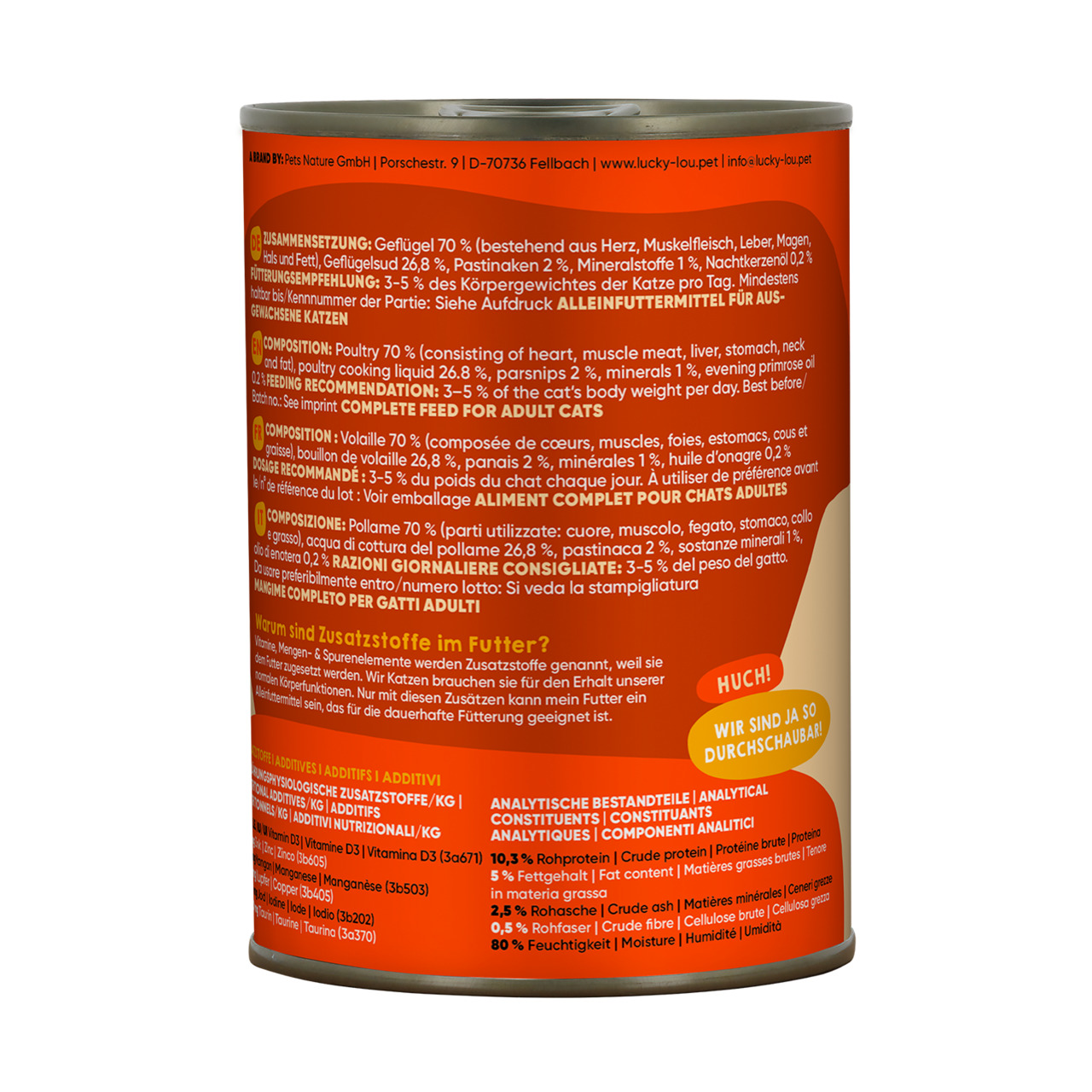 Lucky Lou – Geflügel 70 % für erw. Katzen, Geschm.: Geflügel (Herz, Muskelfl., Leber, Magen), 400 g, ohne künstl. Zusätze, hochwertig.