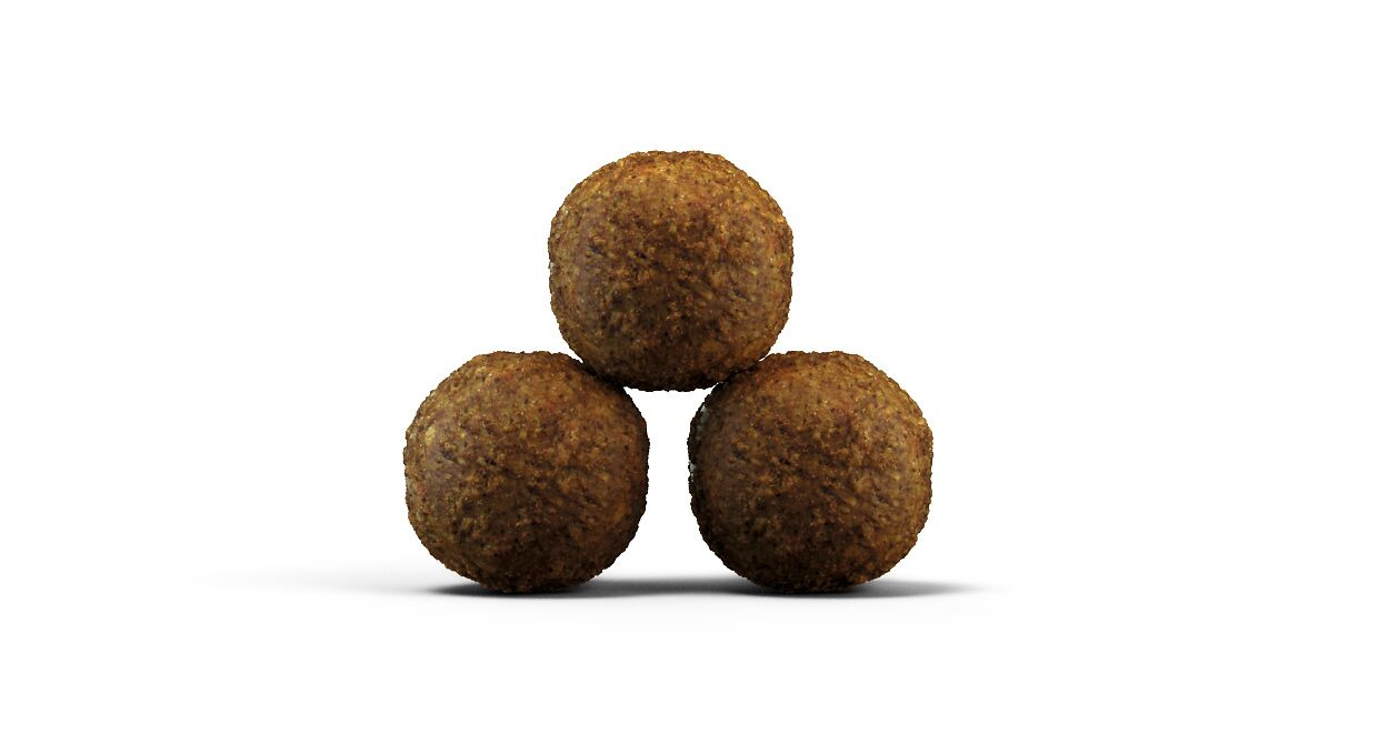Das Bild zeigt drei braune Kroketten des Hundefutters „Josera SensiPlus“, die pyramidenförmig angeordnet sind. Dieses Trockenfutter ist speziell für ausgewachsene Hunde mit empfindlichem Verdauungssystem entwickelt. Es enthält Ente als Geschmacksrichtung 