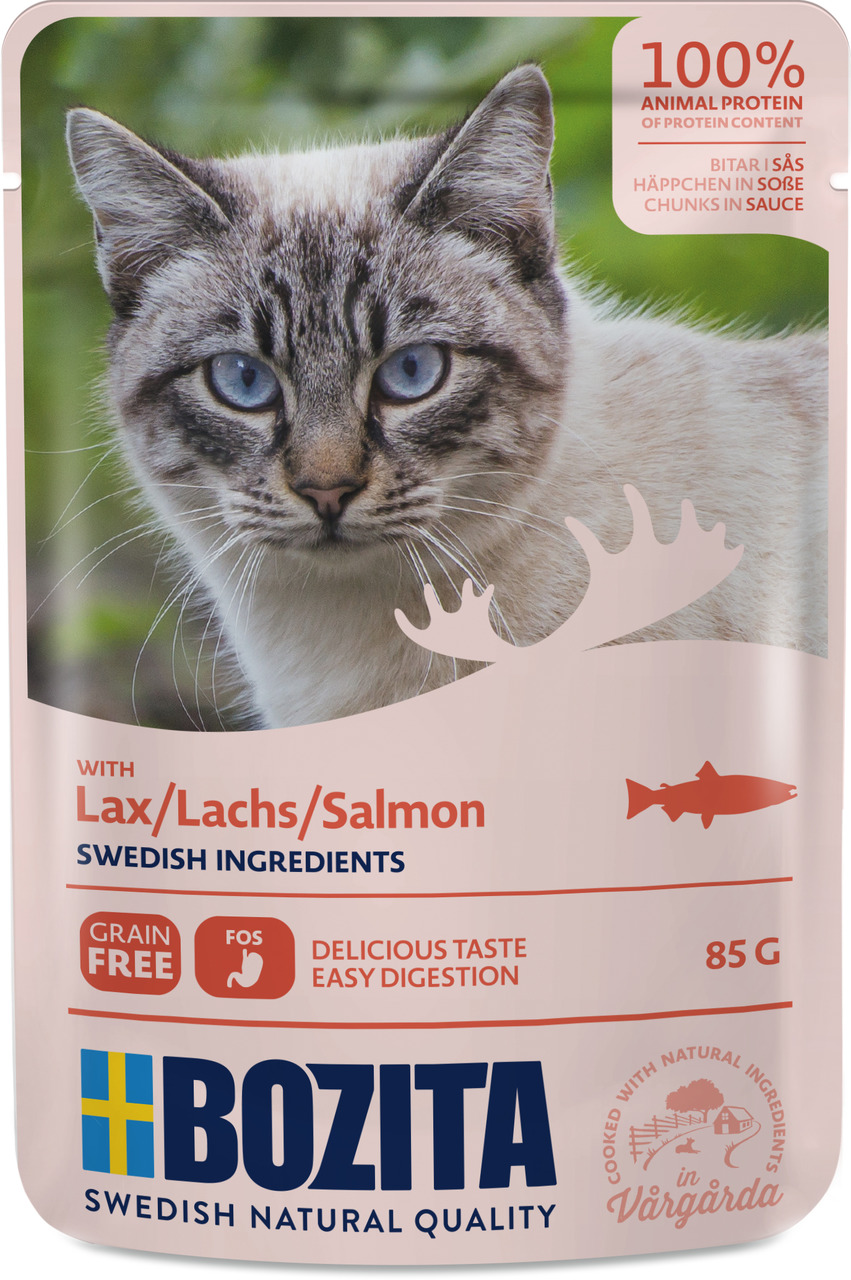 Bozita Katzenfutter „Lachs“ für ausgewachsene Katzen, 85 g Häppchen in Soße, getreidefrei, schwedische Zutaten, 100 % tierisches Protein.