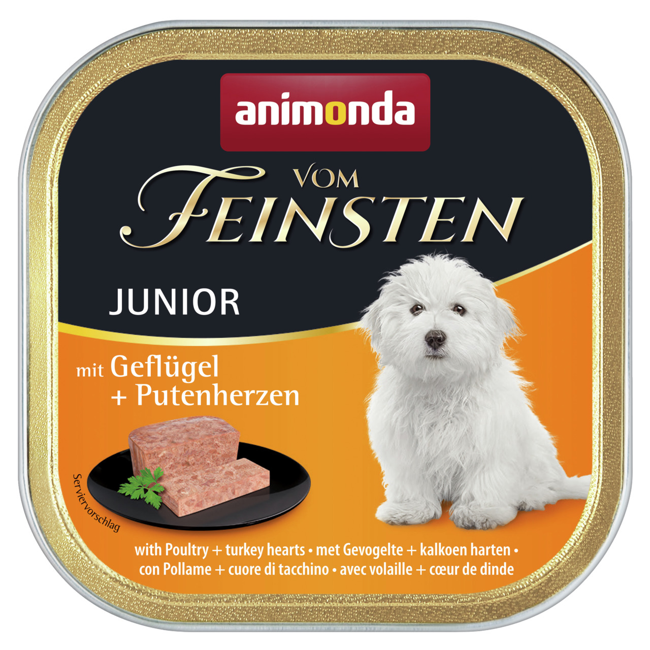 animonda Vom Feinsten Junior Geflügel + Putenherzen 150g Schale Hundenassfutter