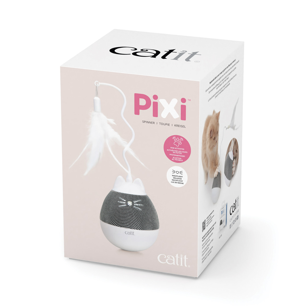 Das Bild zeigt die Verpackung des Produkts „Catit Pixi Spinner“, ein interaktives Katzenspielzeug. Zielgruppe sind Katzen. Das Spielzeug enthält eine Feder und bietet aktive Beschäftigungsmöglichkeiten. Die Verpackung ist weiß mit rosa Akzenten, und die M
