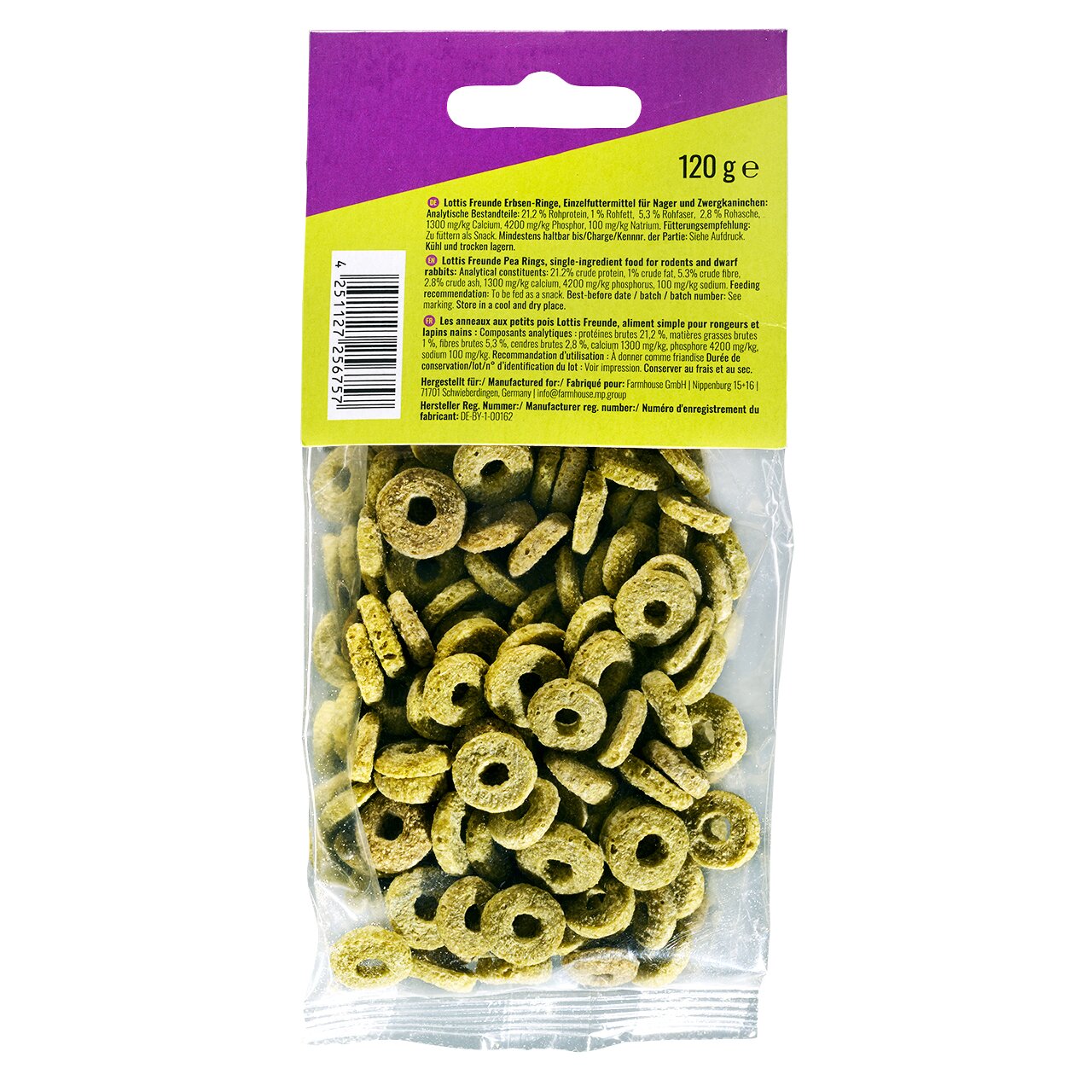 Lottis Freunde Erbsen-Ringe für Nager, geschmacksneutral, 120 g, als Einzelfuttermittel, gesund und fettarm.