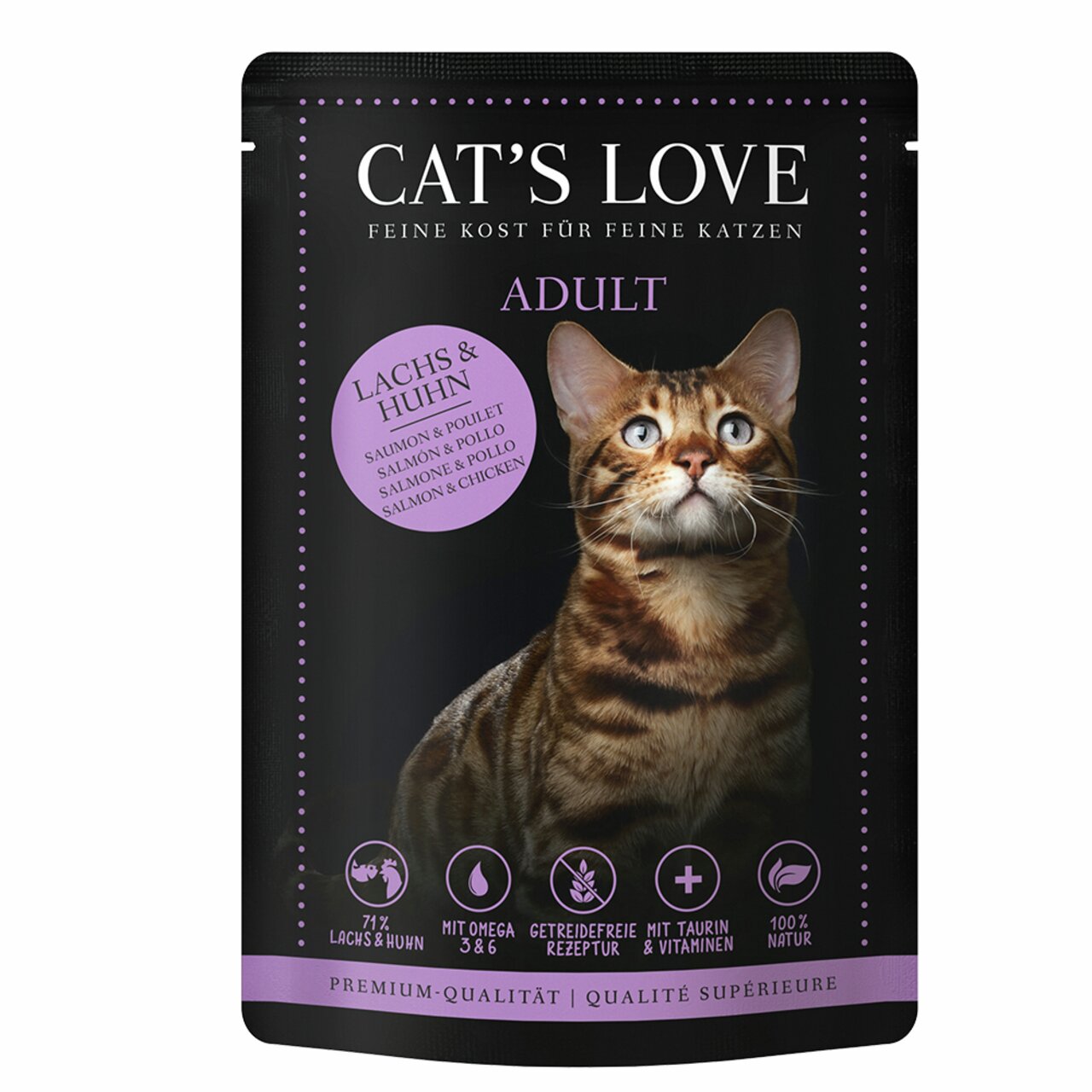 Cat's Love – Feine Kost f. feine Katzen, Adult, Lachs & Huhn, 71 %, getreidefrei, mit Taurin, Vitaminen, Omega-3--6, Premium, 100 % nat.
