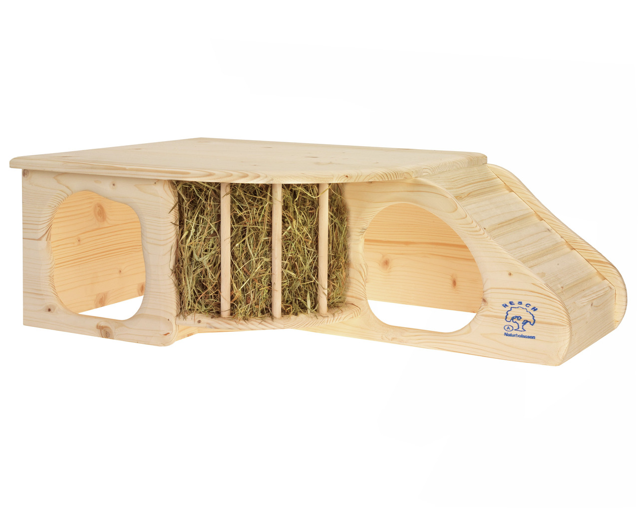 Resch Naturholz-Heuraufe für Kaninchen-Meerschweinchen, robustes Holz, Platz für Heu, Versteck-Kletterfläche, Maße auf Bild.