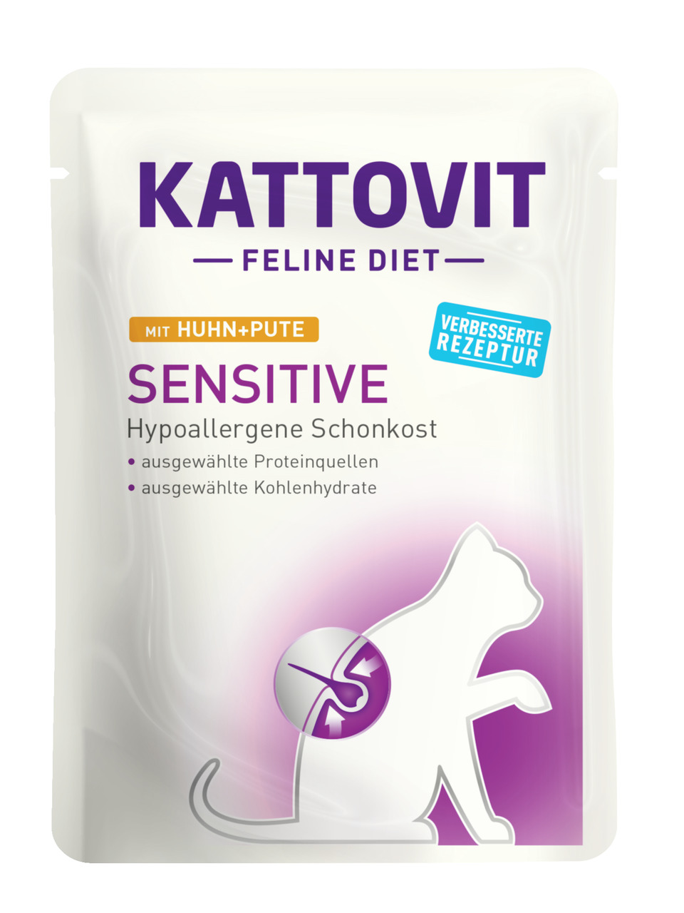 Kattovit Feline Diet Sensitive, hypoallergene Schonkost für Katzen, Huhn & Pute, für ernährungssensible Tiere, 85g, verbesserte Rezeptur.
