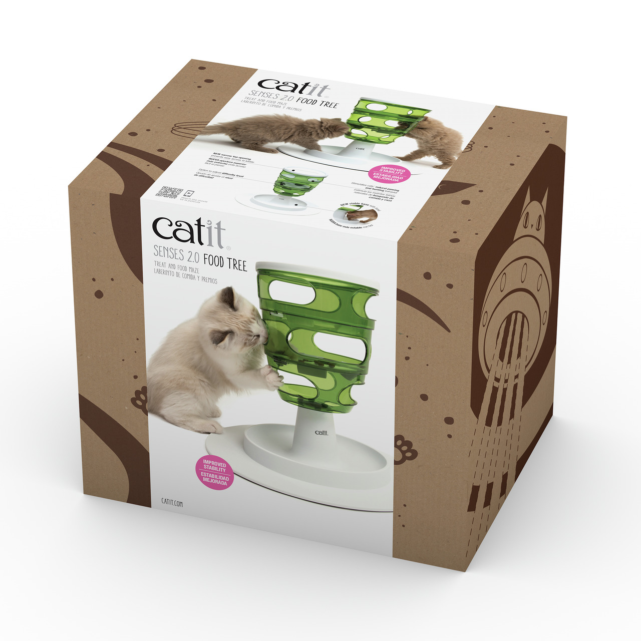 Das Bild zeigt die Verpackung des Catit Senses 2.0 Food Tree, einem interaktiven Futterspender für Katzen. Das Produkt ist speziell für Katzen entwickelt und dient der mentalen Stimulation sowie der Förderung langsamen Fressens. Es besteht aus einem grüne