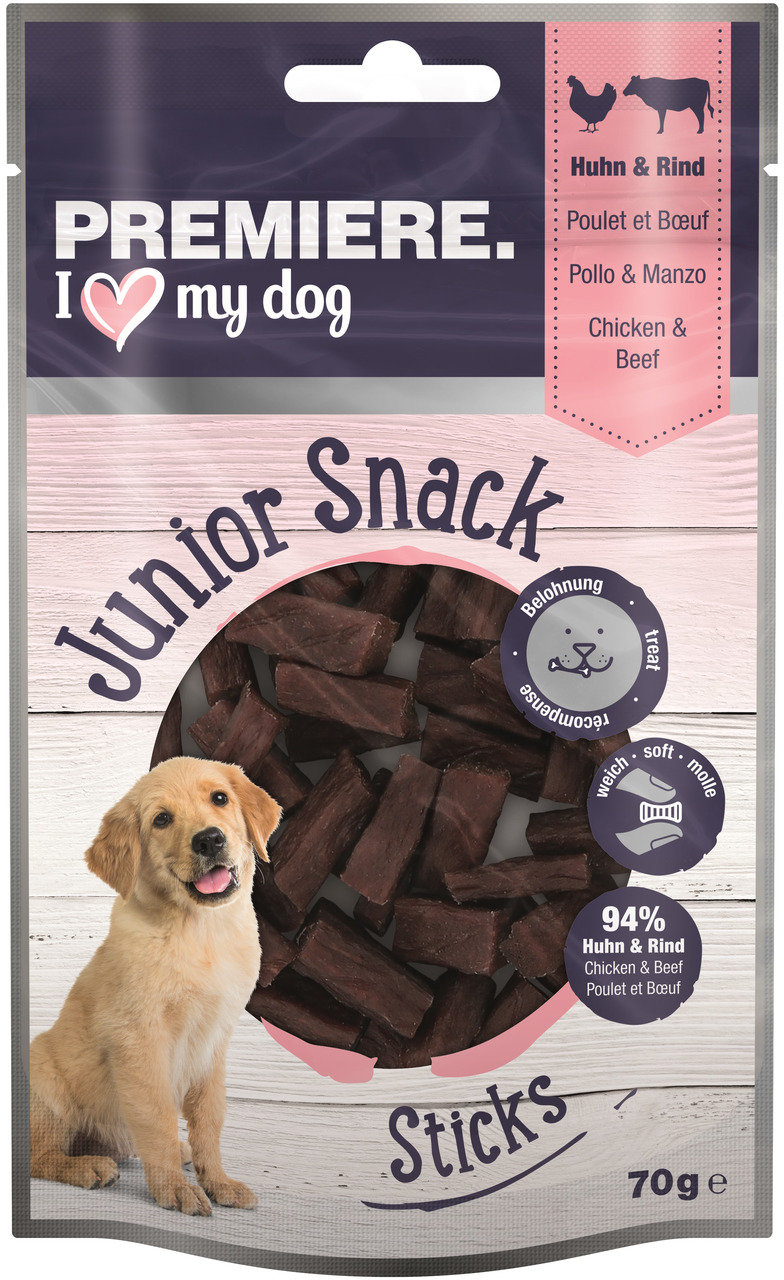 PREMIERE I love my dog Junior Snack Sticks, für junge Hunde, Huhn & Rind, 94 % Fleisch, 70 g, weiche Sticks, ideal als Belohnung.