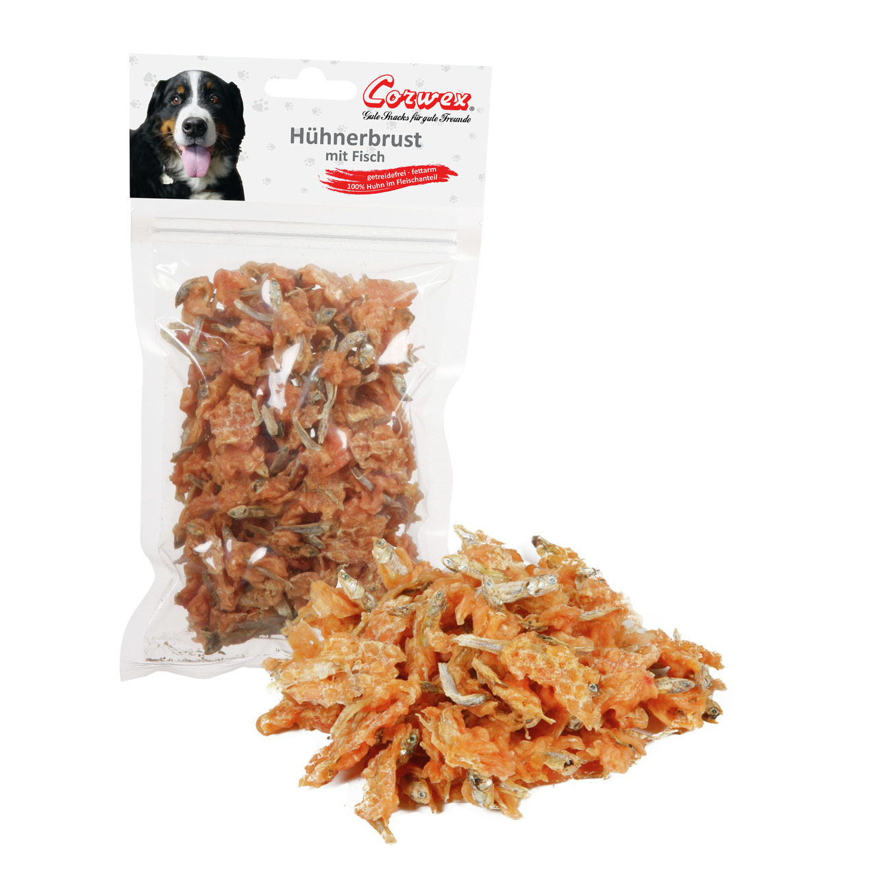 Corwex Hühnerbrust mit Fisch, getreidefreier Hundesnack, 100 % Hühnerbrustfilet & Fisch, für Hunde, größere Menge sichtbar.