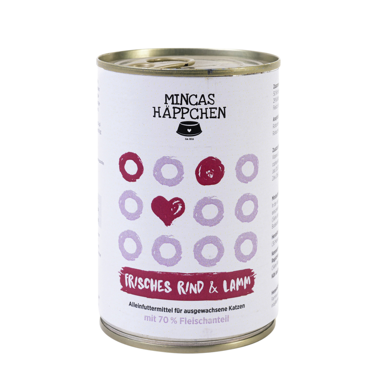 MINCAS HÄPPCHEN Katzenfutter Frisches Rind & Lamm, Alleinfutter für ausgewachsene Katzen, 70 % Fleisch, weiße Dose mit Herzmotiv.