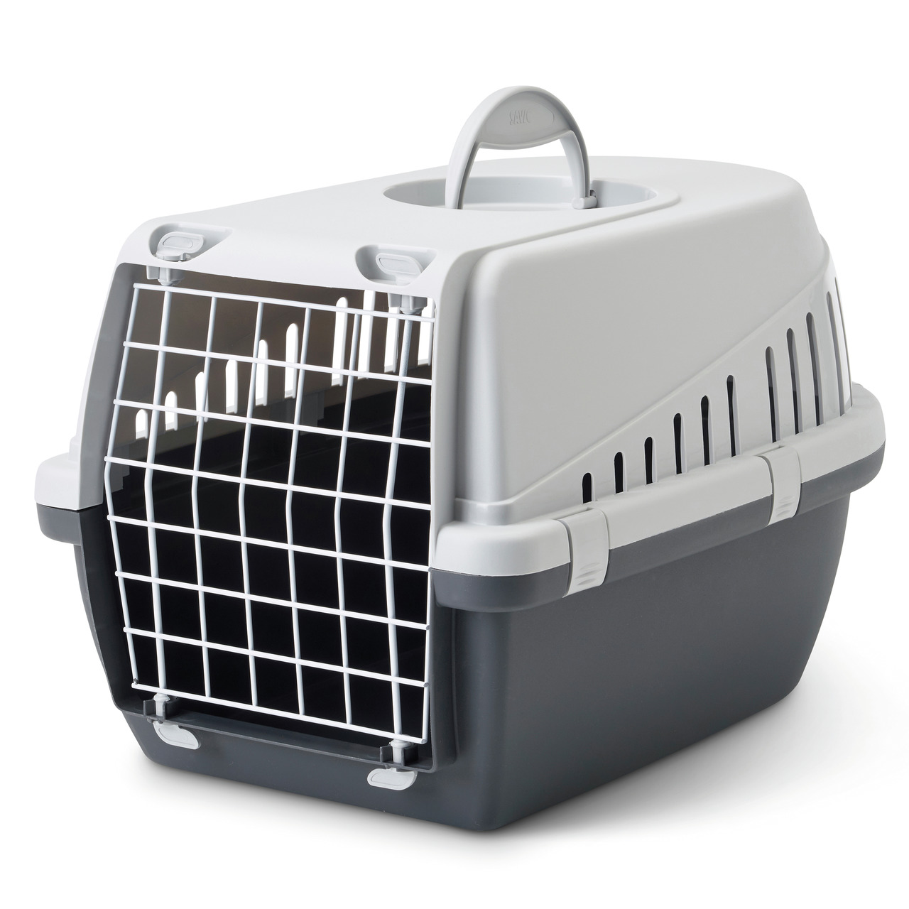 Transportbox SAVIC "Trotter 1" für Katzen & kl. Hunde, grau/schwarz, Metallgitter, ergonom. Griff, ideal f. sicheren Transport.