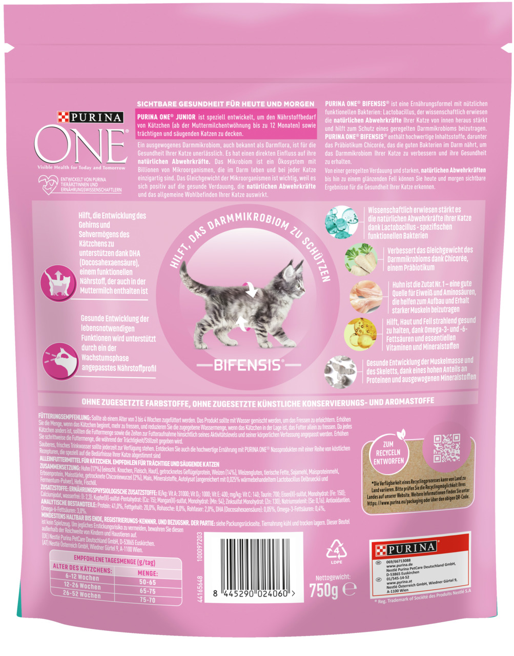 Purina ONE Junior, Kätzchen bis 12 Mon./trächtige+saugende Katzen, Huhn, 750 g, unterstützt Darmmikrobiom, Abwehrkräfte+Entwicklung.