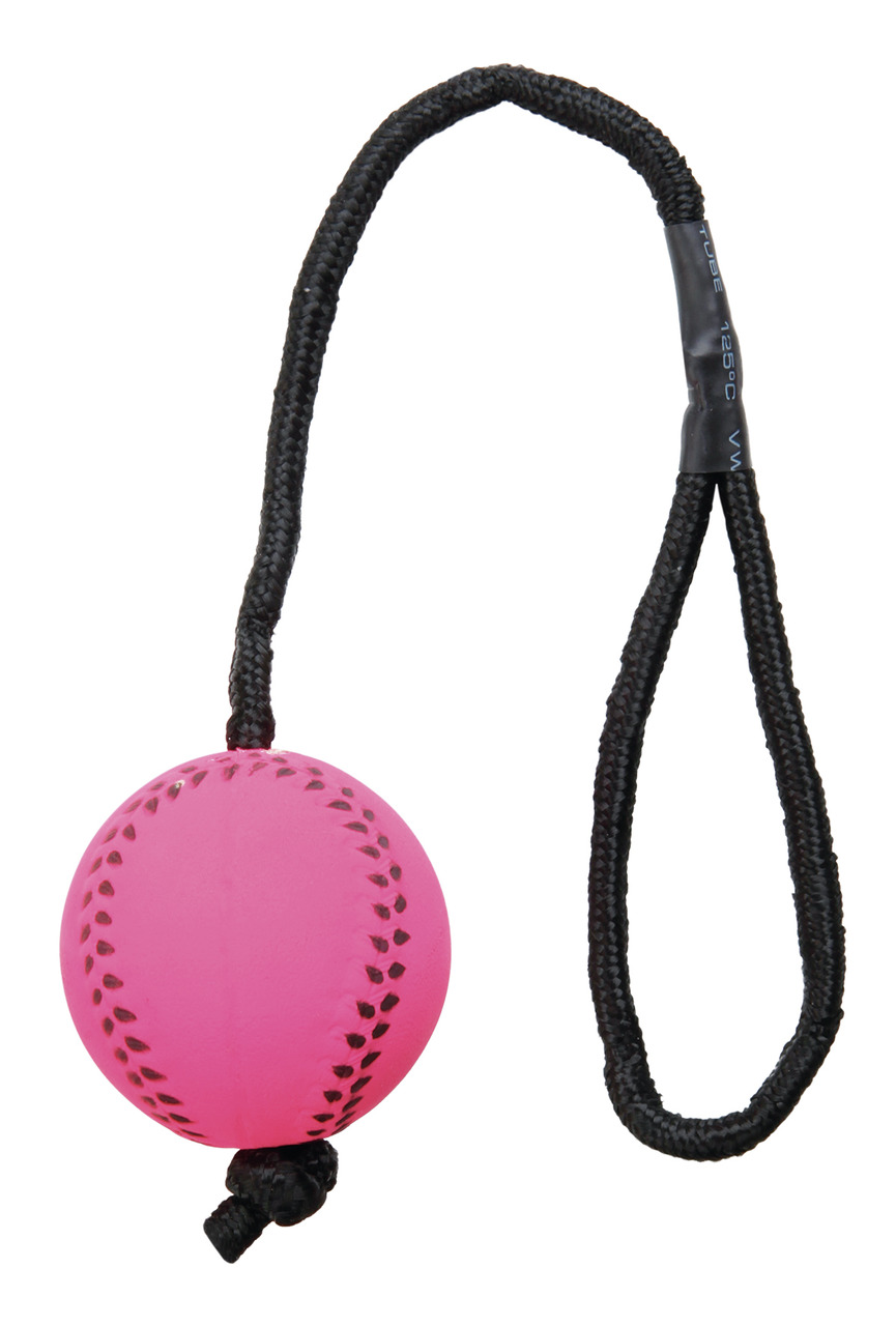 TRIXIE Hundespielzeug: Pinker Ball an schwarzer Schnur, robustes Material, für Hunde, ideal für Wurf-/Zerrspiele.