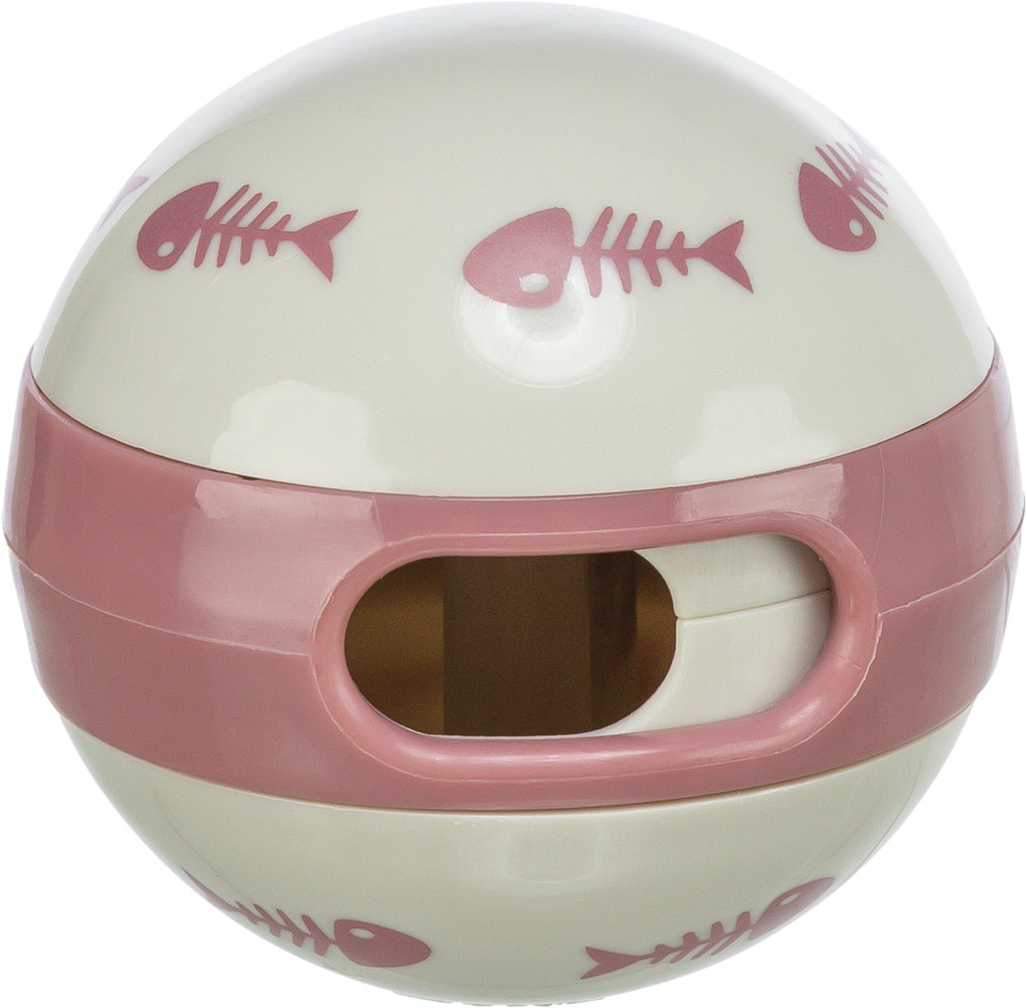 Das Bild zeigt den TRIXIE Snackball für Katzen, ein interaktives Spielzeug in Creme und Rosa mit Fischgräten-Motiven. Der Ball ist für Katzen aller Altersgruppen geeignet und dient zur Beschäftigung sowie zur Förderung der Geschicklichkeit. Durch die Öffn