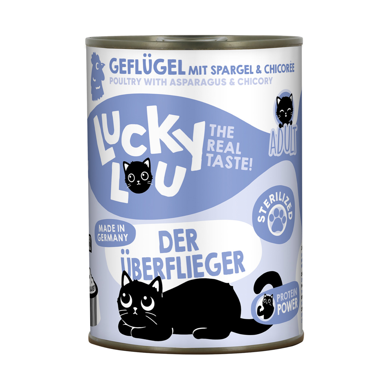 Das Bild zeigt eine Dose Katzenfutter der Marke Lucky Lou mit der Geschmacksrichtung Geflügel, Spargel und Chicorée. Das Produkt ist für erwachsene, sterilisierte Katzen geeignet und wird in Deutschland hergestellt. Auf der Dose steht „Der Überflieger“ un