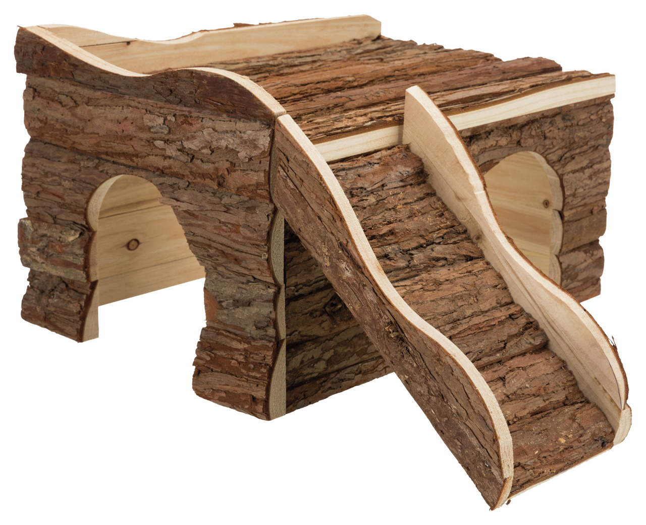 Holzhaus für Kleintiere der Marke TRIXIE, geeignet für Hamster, Mäuse und andere kleine Nager. Das Haus besteht aus unbehandeltem Naturholz mit einer Rinde-Optik, verfügt über zwei Eingänge und eine Rampe. Ideal als Rückzugsort und Kletterspielplatz. Maße