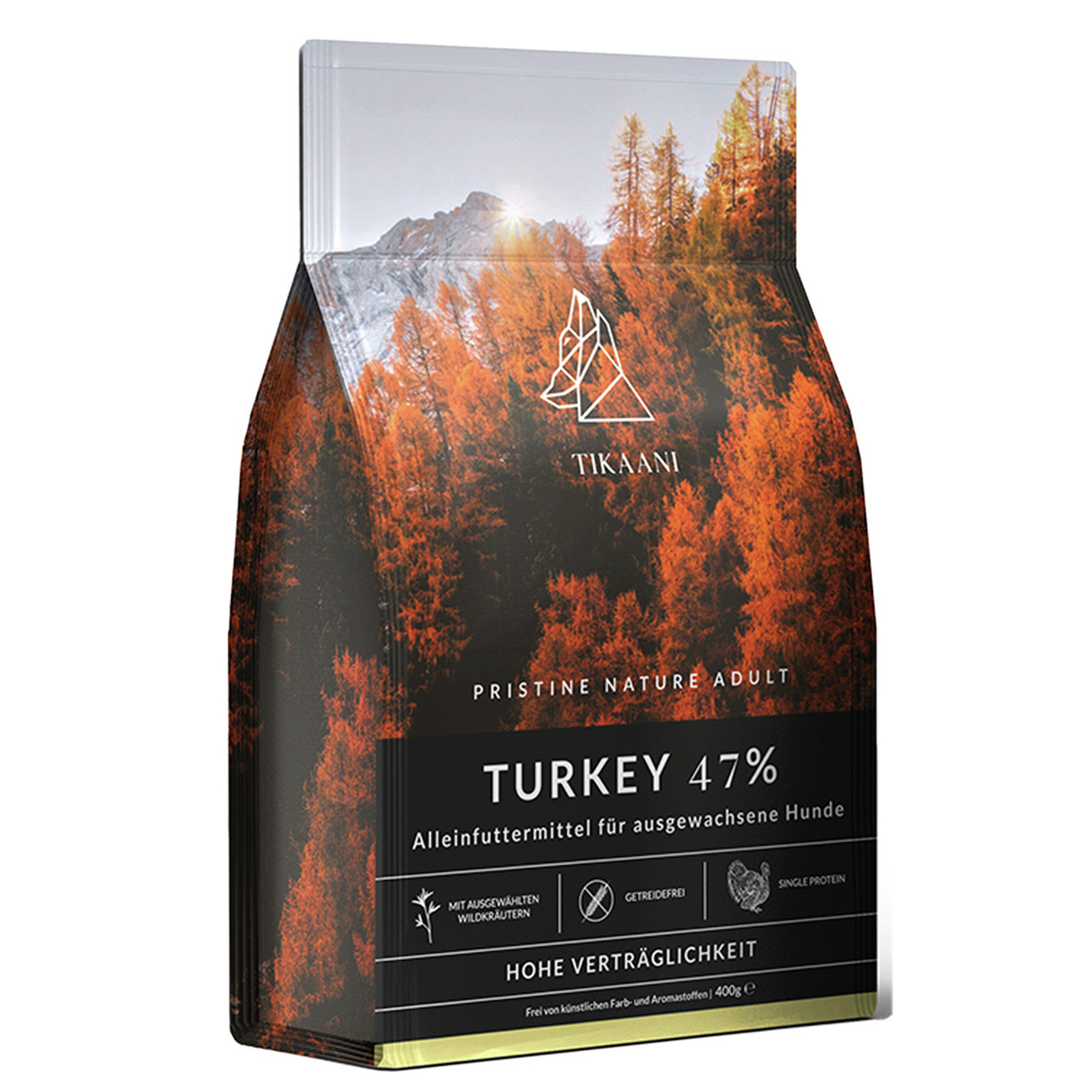TIKAANI Pristine Nature Adult Truthahn 47%, Alleinfutter f. erw. Hunde, getreidefrei, Single Protein, Wildkräuter, 400 g.