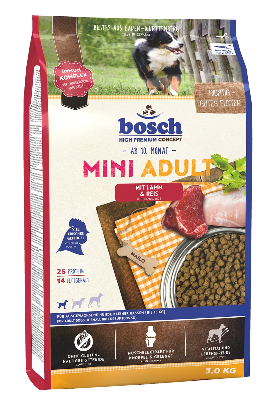 Das Bild zeigt eine 3-kg-Packung „bosch High Premium Concept Mini Adult mit Lamm & Reis“, ein Trockenfutter für ausgewachsene Hunde kleiner Rassen bis 15 kg. Die Zielgruppe sind Hunde ab dem 10. Monat. Das Futter enthält frisches Geflügel, ist glutenfrei 