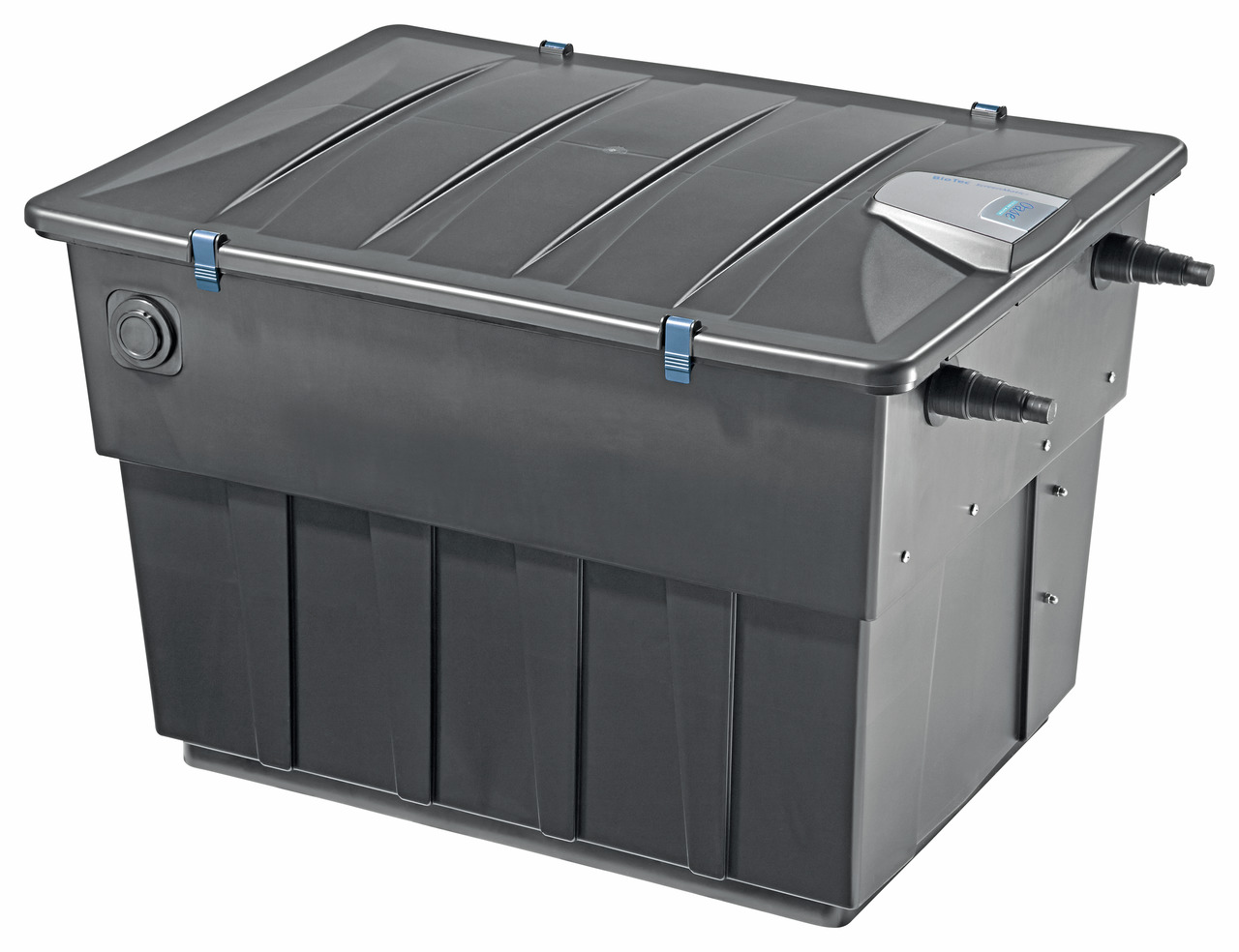 Das Bild zeigt den Oase BioTec ScreenMatic² 40000, einen hochwertigen Durchlauffilter für Teiche. Zielgruppe sind Teichbesitzer, die eine effektive Wasserreinigung wünschen. Der Filter ist für Teiche bis 40.000 Liter geeignet und verfügt über eine automat