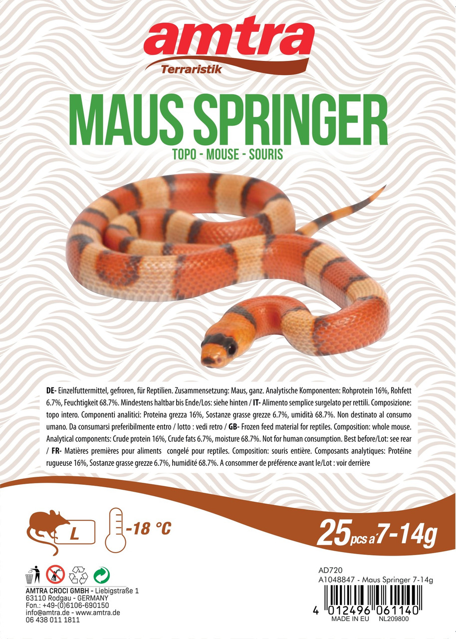 amtra Maus Springer, Einzelfuttermittel für Reptilien, gefrorene Mäuse (25 Stk., 7-14 g), Lagerung bei -18 °C.