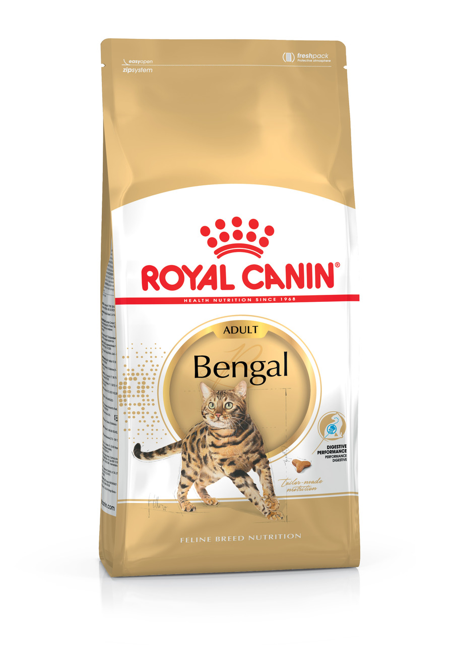 Das Bild zeigt eine gold-weiße Verpackung des Katzenfutters „ROYAL CANIN Bengal Adult“, speziell entwickelt für ausgewachsene Bengal-Katzen. Die Verpackung enthält 2 kg Futter, das auf die Bedürfnisse dieser Rasse abgestimmt ist. Es fördert die Verdauung 