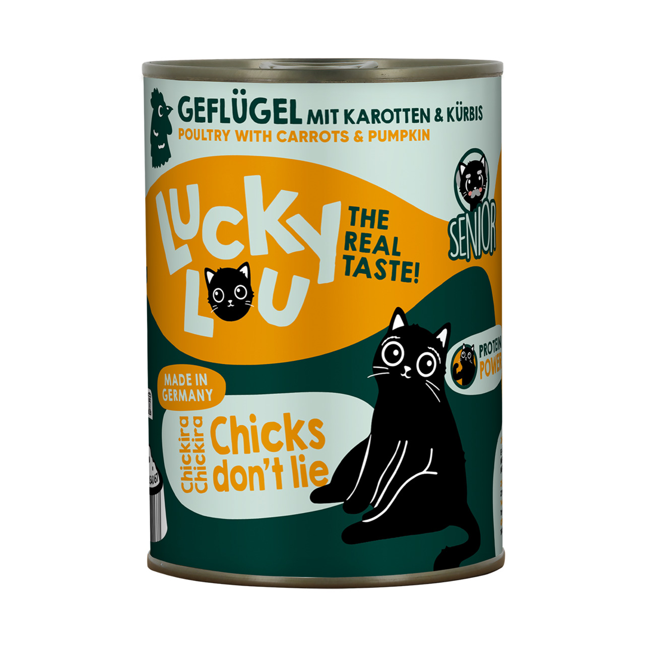 Das Bild zeigt eine Dose Katzenfutter der Marke Lucky Lou mit der Geschmacksrichtung Geflügel, Karotten und Kürbis. Das Produkt ist speziell für ältere Katzen (Senior) geeignet und wird in Deutschland hergestellt. Auf der Dose steht der Slogan „Chicks don