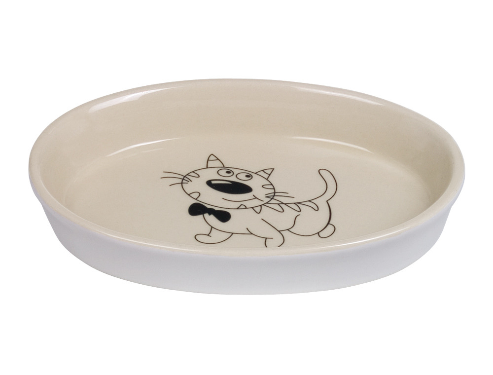 Nobby Keramik-Futternapf für Katzen, oval, creme mit schwarzem Cartoon-Katzenmotiv, ideal für Trocken--Nassfutter, leicht zu reinigen.