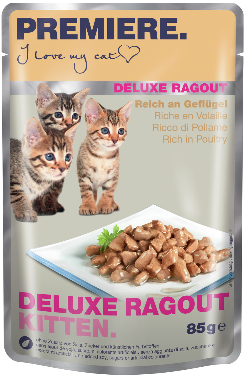PREMIERE Deluxe Ragout Kitten, 85 g, für Kätzchen, reich an Geflügel, ohne Soja, Zucker & künstl. Farbstoffe.