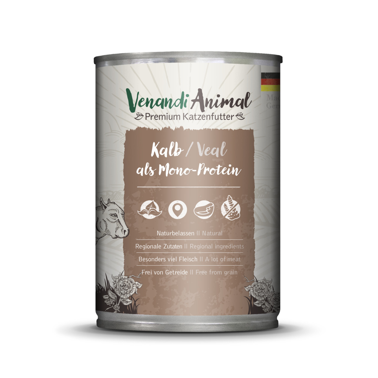 Venandi Animal Katzenfutter Kalb Mono-Protein, getreidefrei, natürliche Zutaten, hoher Fleischanteil, 400g.
