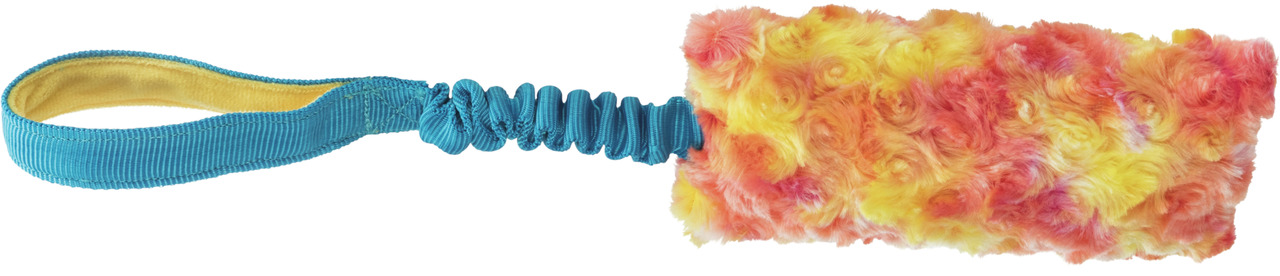Das Bild zeigt das TRIXIE Bungee-Spielzeug für Hunde, ein robustes und farbenfrohes Trainings- und Spielaccessoire. Es besteht aus einem elastischen, blauen Griff und einem weichen, flauschigen Beißkissen in Gelb, Orange und Rot. Ideal für Hunde aller Grö