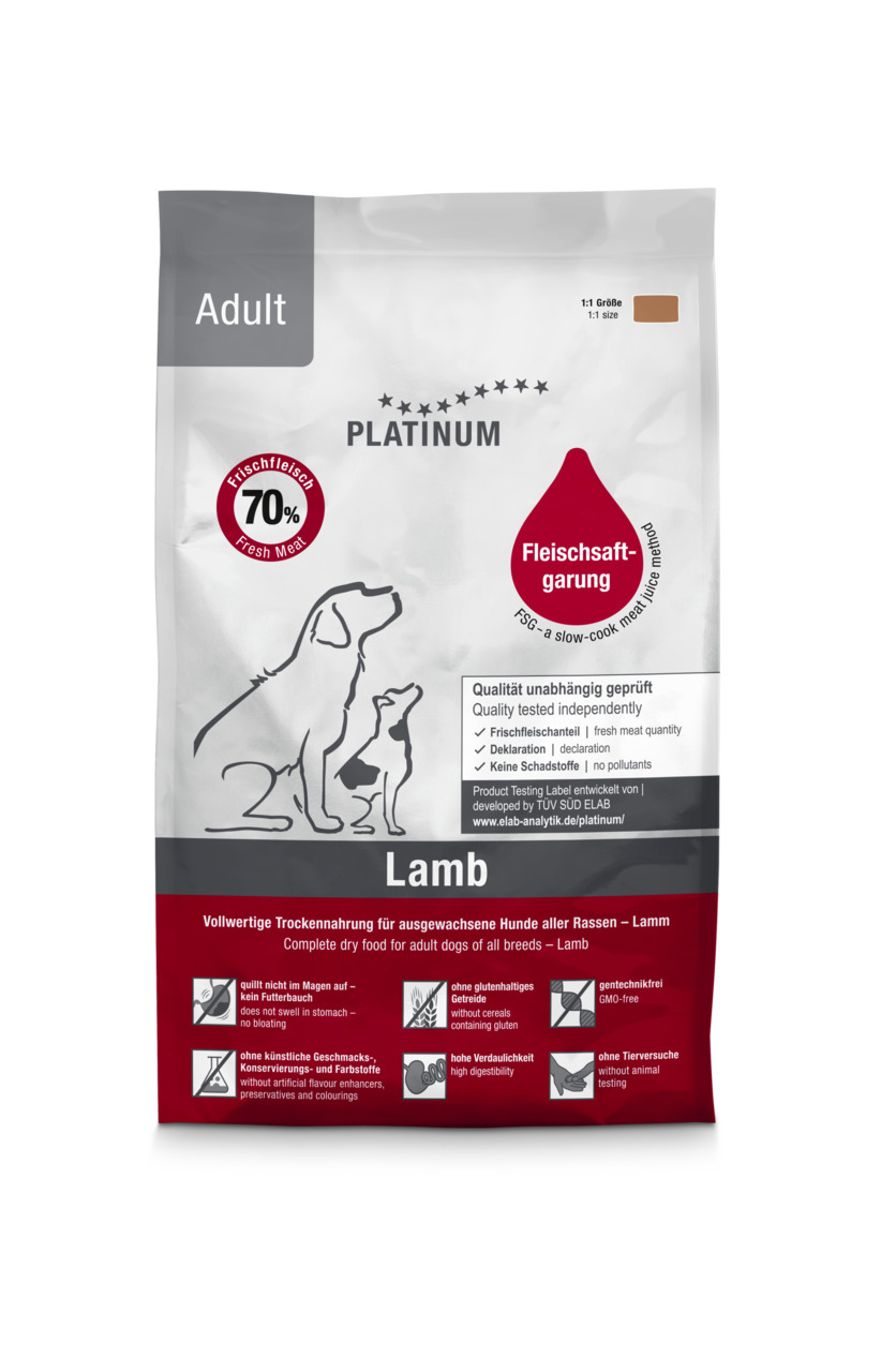 PLATINUM Adult Lamb, Trockenfutter f. ausgew. Hunde, Geschm.: Lamm, 70 % Frischfleisch, 1,5 kg, ohne künstl. Zusätze, glutenfrei.