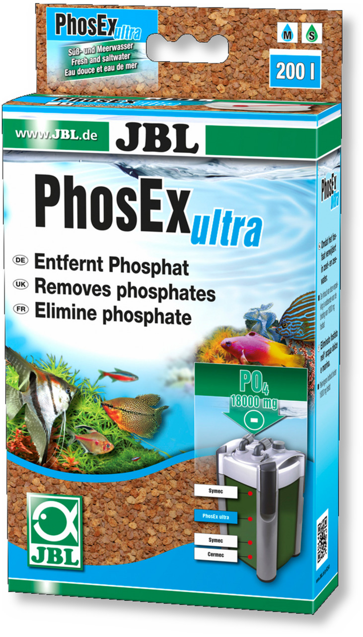 Das Bild zeigt die Verpackung des Produkts "JBL PhosEx ultra", einem Phosphatentferner für Süß- und Meerwasseraquarien. Die Zielgruppe sind Aquarienbesitzer, die Wasserqualität verbessern möchten. Das Produkt entfernt bis zu 18.000 mg PO4 und ist für 200 