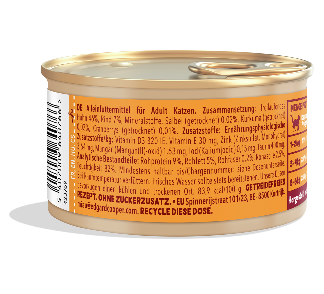 Edgard & Cooper Katzenfutter, Huhn & Rind mit Kräutern & Cranberries, für ausgewachsene Katzen, 82 g, getreidefrei, ohne Zucker.