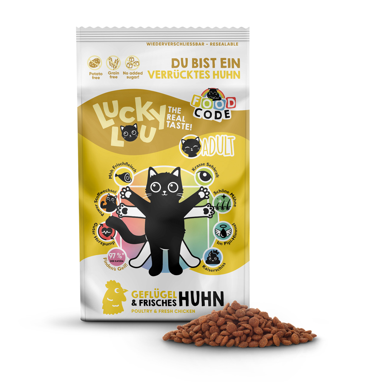 Lucky Lou – Geflügel & Frisches Huhn, für erwachsene Katzen, getreidefrei, 97 % tierische Proteine,  glänzendes Fell, 1 kg.