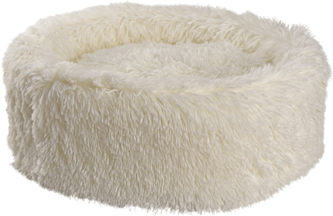 Das Bild zeigt das AniOne Kuschelbett für Haustiere, speziell für Katzen und kleine Hunde. Es ist rund, in einem cremeweißen Farbton gehalten und mit weichem, langflorigem Plüsch bezogen, der hohen Komfort bietet. Ideal für Tiere, die ein gemütliches und 