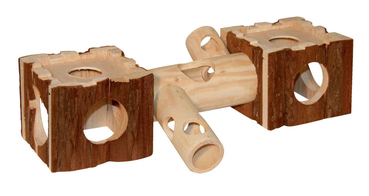 Kerbl Nager-Spielplatz, Naturholz, für Hamster/Meerschweinchen, fördert Bewegung/Spiel, 2 Würfel+Rohr mit Öffnungen.