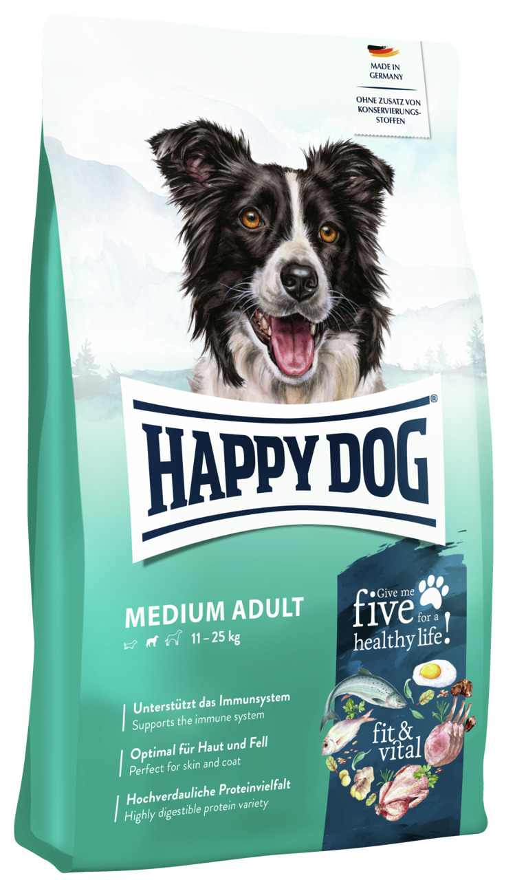 HAPPY DOG Medium Adult, mittelgr. Hunde (11–25 kg), Geschm.: fit & vital, Proteinvielfalt, Immunsystem, Haut+Fell, 4 kg, Made in Germany.